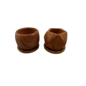 Stoneware Wood Finish Tan Brown Small Succulent Pots Set of 2